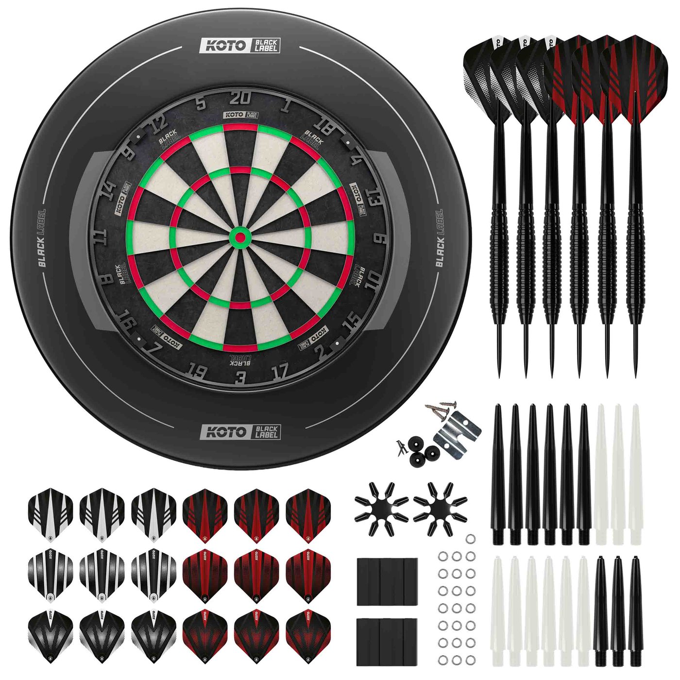 KOTO Black Label Dartboard + KOTO Black Label Surround + 2 Sets KOTO dartpijlen 90 Pieces - Dartset