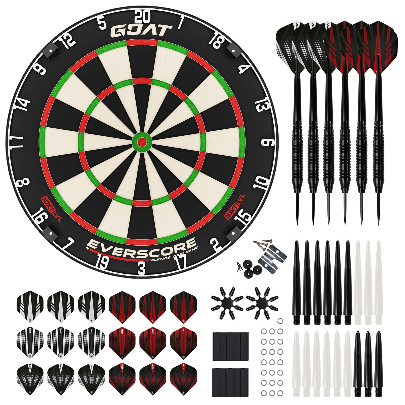 GOAT Everscore NXT LVL Dartscheibe + KOTO Zubehör Kit Steeltip Black 90 Pieces - Dartset