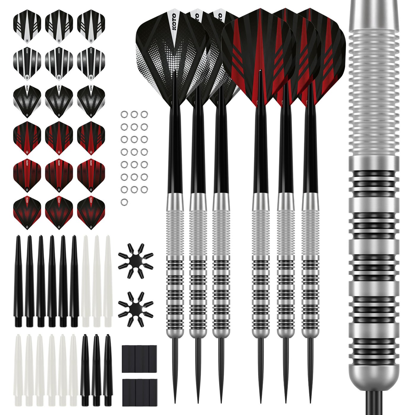 2 Sets KOTO Straight Silver Black Brass Darts + 90 Pieces Accessories - Dartpile
