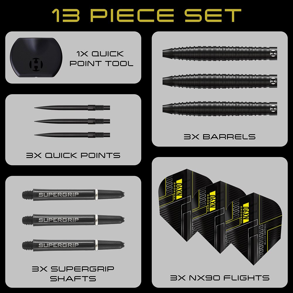 Harrows NX90 Black Quick Point 90% Steel Tip Darts - Dartshopper