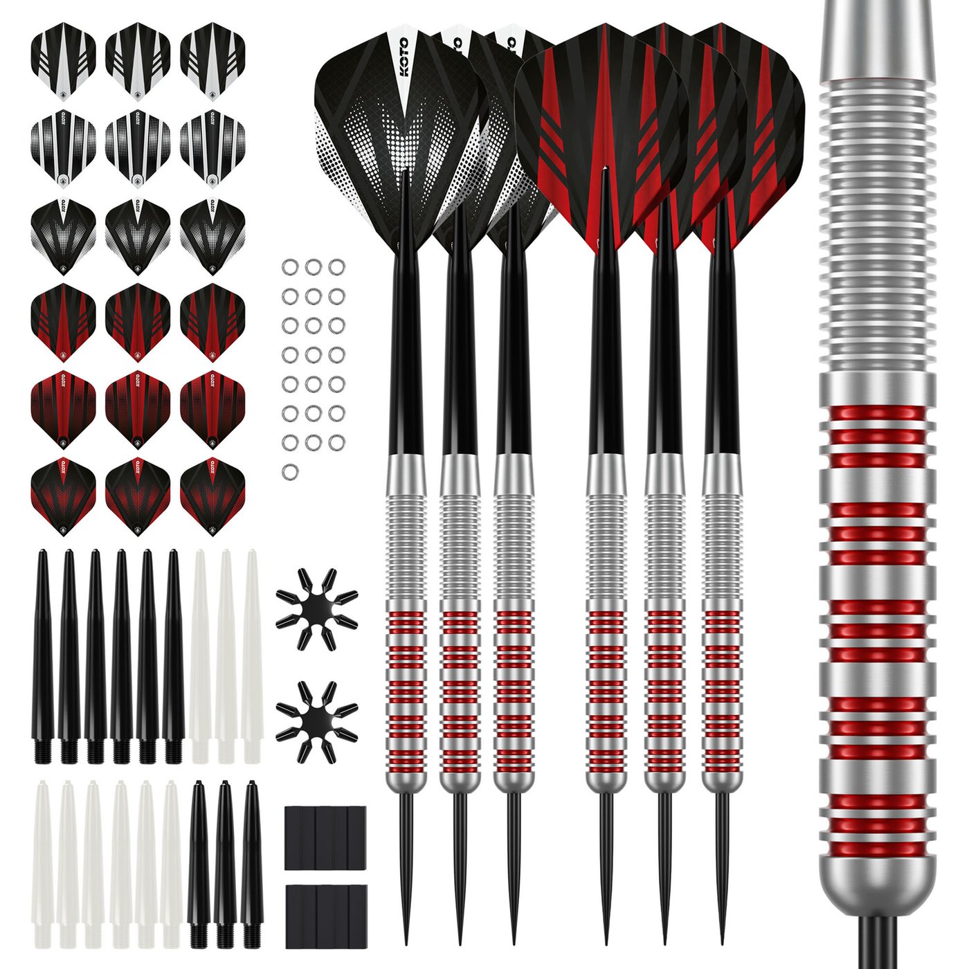 2 Sets KOTO Straight Silver Red Brass Darts + 90 Pieces Accessories - Dartpile