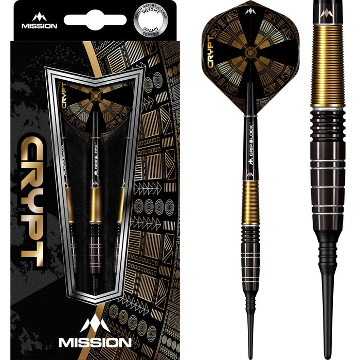 MISSION Crypt Black & Gold PVD M1 90% Tungstène Soft Tip – Fléchettes 20g, Design Égypte & Extraterrestre