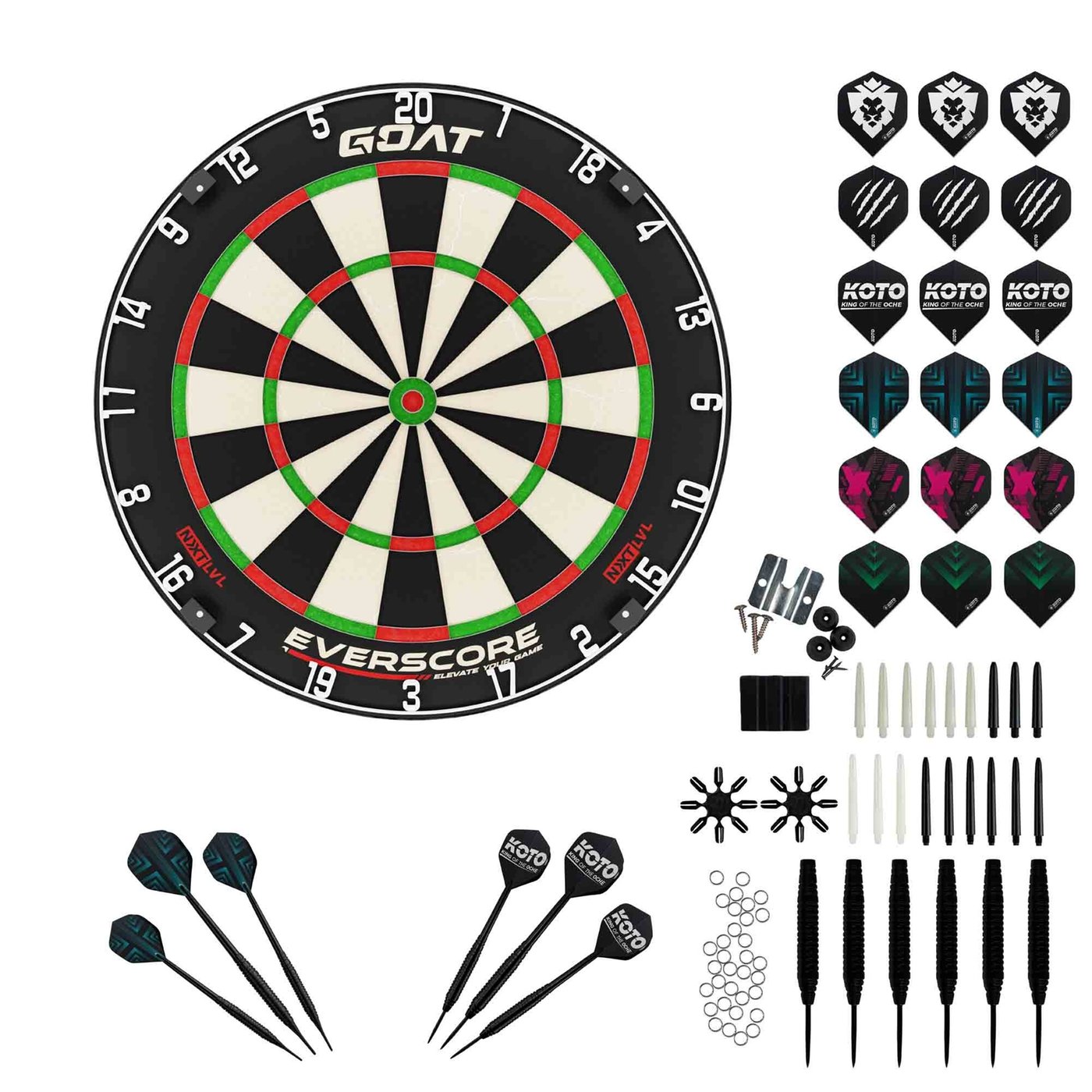 GOAT Everscore NXT LVL Dartboard + KOTO Accessory Kit Steeltip Black 90 Pieces