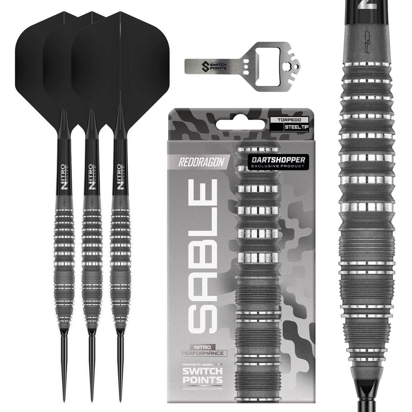 Red Dragon Sable Grey Torpedo Switch Point 90% Dartshopper Exclusives - Freccette Steel Darts