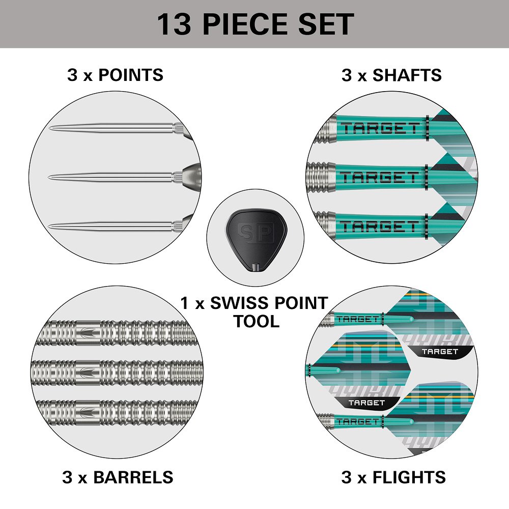Target Darts Raymond van Barneveld Chrono Steel Tip Swiss Point Darts, 95% Tungsten Dart Set, 25G | Inclusief Dart Opbergdoosje Takoma Portemonnee, Extra Dart Flights, Swiss Dart Punten