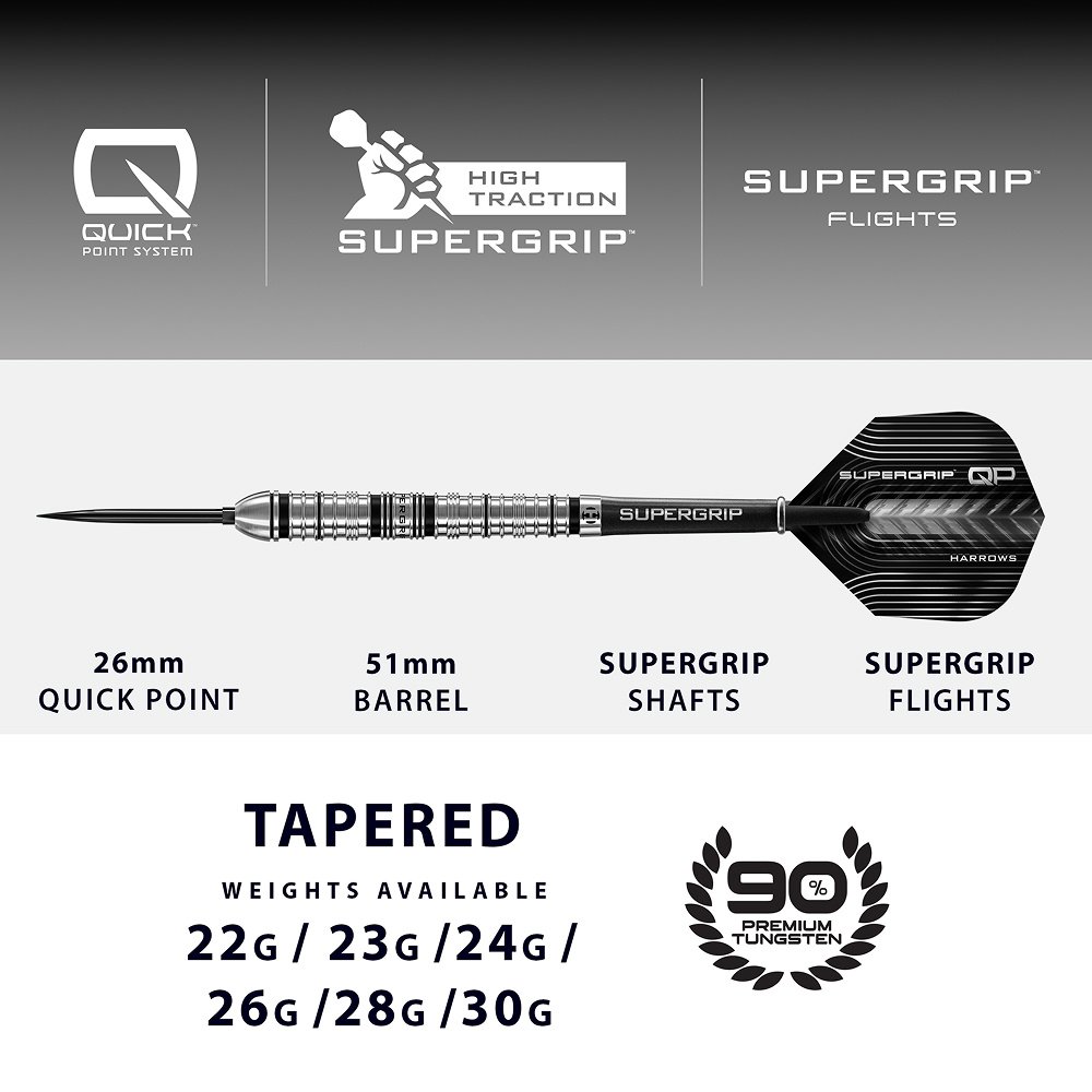 Fléchettes Harrows Supergrip Black 90% Tungstène – Pointe Acier 25g, Set Pro