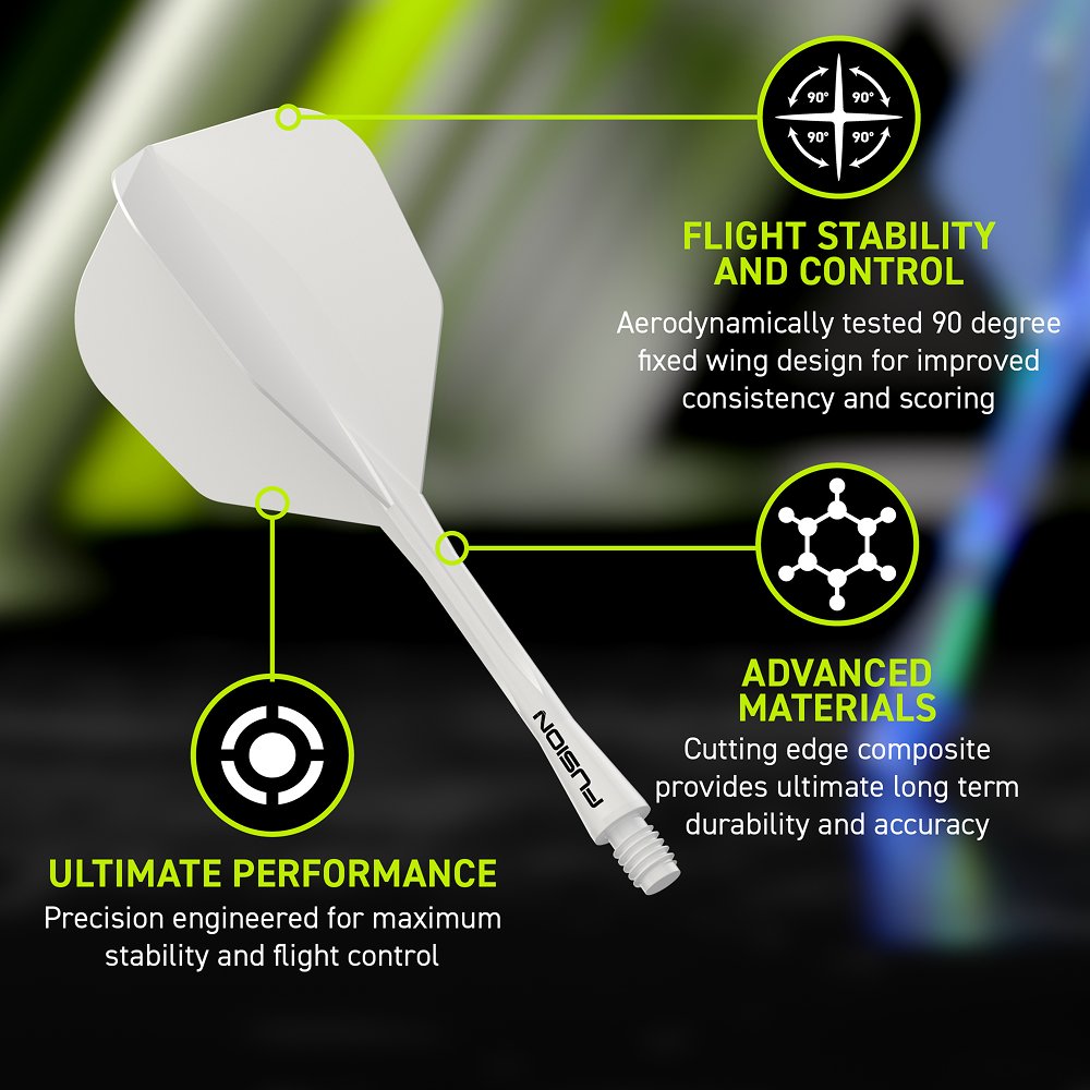 WINMAU Darts - Fusion Système intégré de vol et d'arbre - No.6 Forme et design – Blanc couleur, Longueur courte