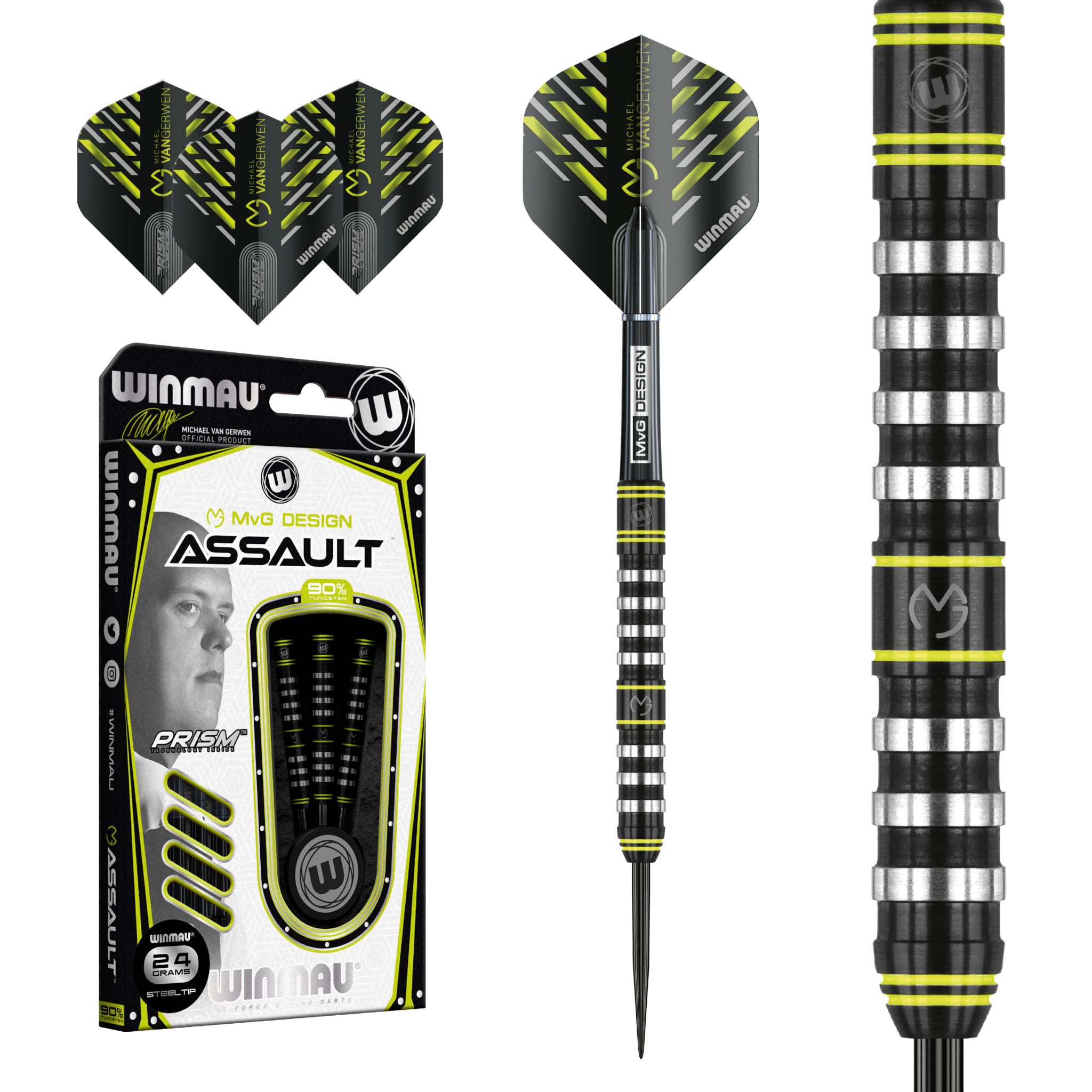 WINMAU Michael van Gerwen MvG Absolute Wolfraam Steeltip Darts Set 23g met Prism Vluchten en Vecta Schachten (Stengels WINMAU Michael van Gerwen MvG Absolute Wolfraam Steeltip Darts Set 23g met Prism Vluchten en Vecta Schachten (Stengels