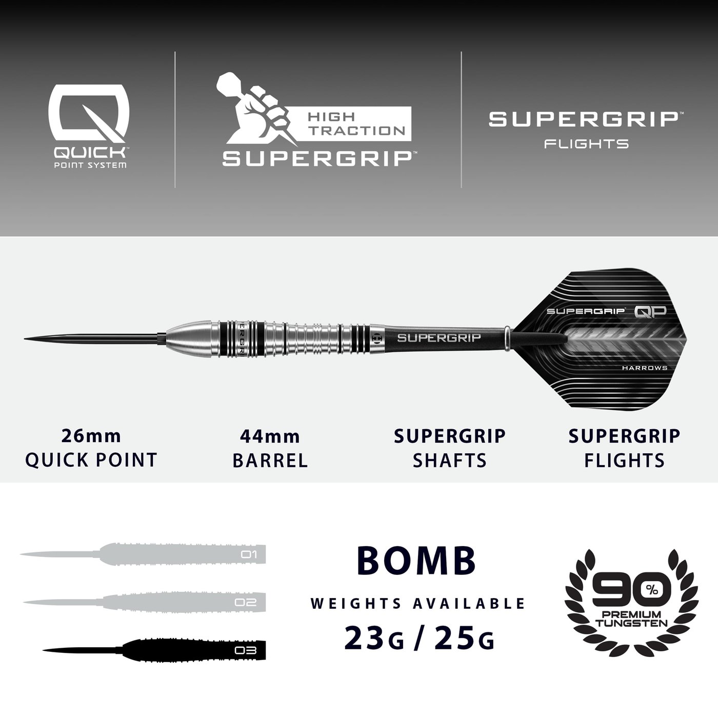 Harrows Supergrip Bomb Quick Point 90% - Steel Tip Darts Harrows Supergrip Bomb Quick Point 90% - Steel Tip Darts