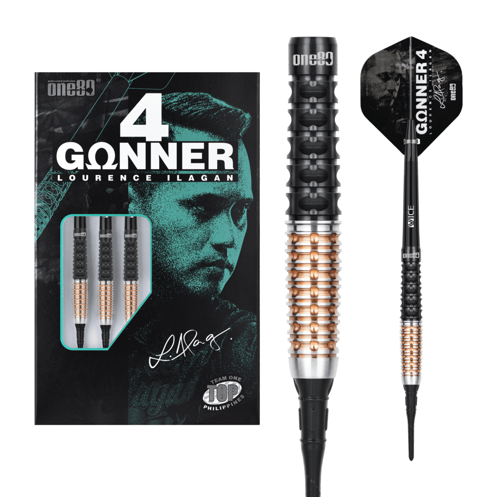 Dardos ONE80 Gunner 4 Lourence Ilagan Black Rose Oro 90%  Punta de Plástico