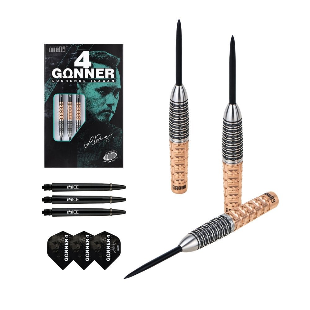 Dardos ONE80 Gunner 4 Lourence Ilagan Black Rose Oro 90% Punta de Acero