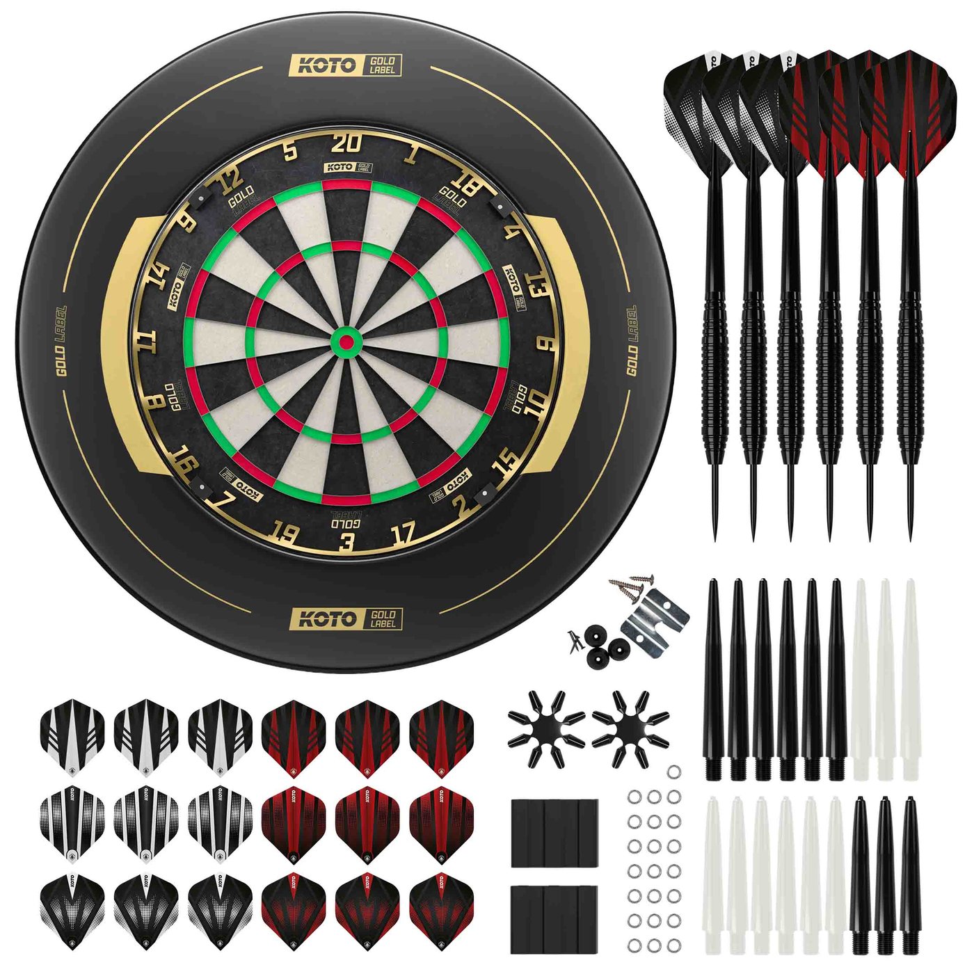 KOTO Gold Label Dartboard + KOTO Gold Label Surround + 2 Sets KOTO dartpijlen 90 Pieces - Dartset
