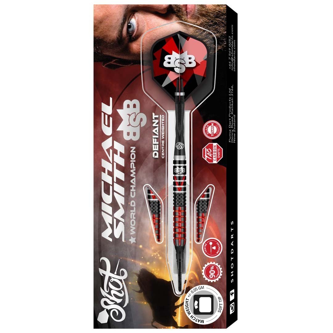 ダーツ Shot Michael Smith Defiant 2BA 20g Michael Smith Defiant Soft Tip Dart Set-90% Tungsten Barrels