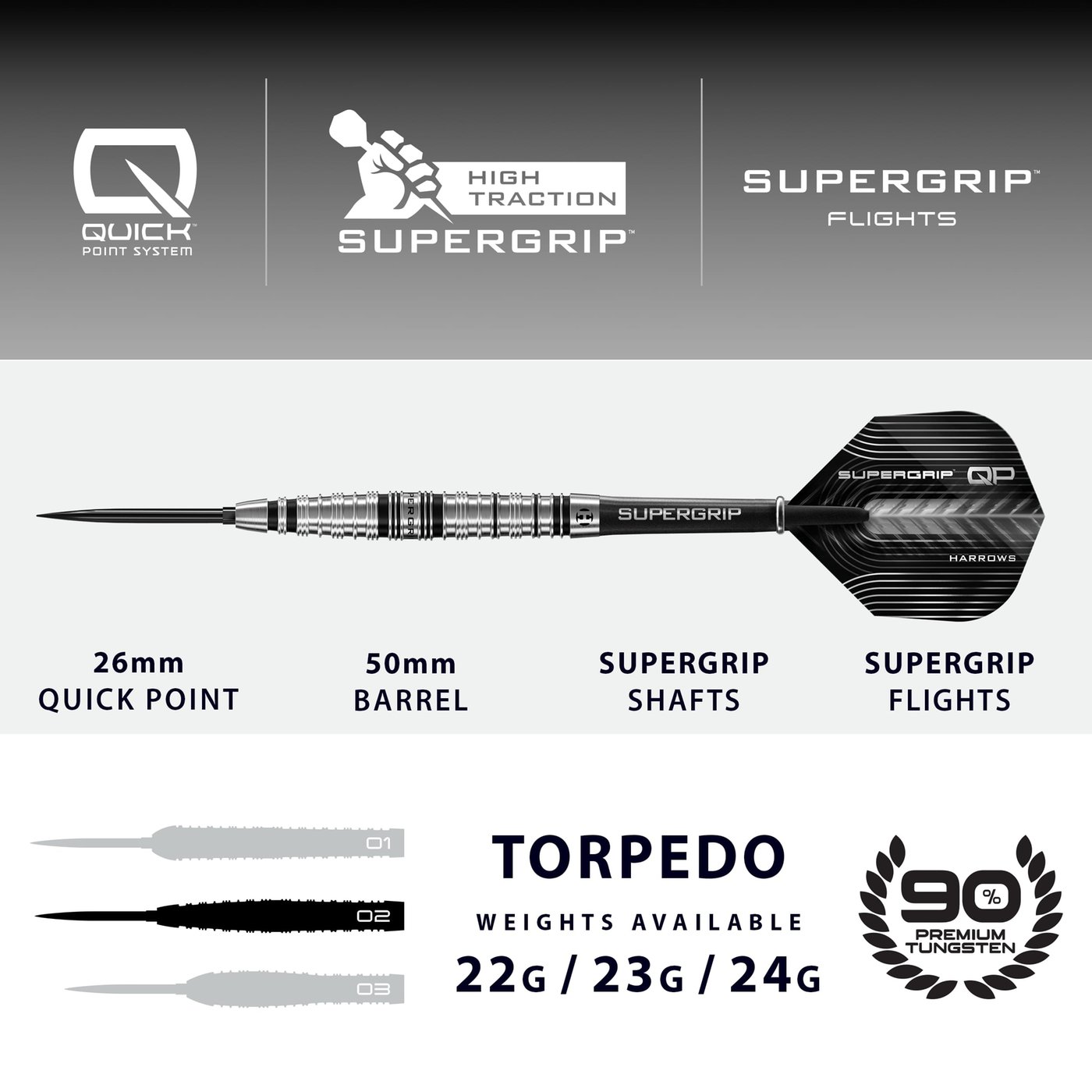 Harrows Supergrip Torpedo Quick Point 90% Darts - Dartshopper.com