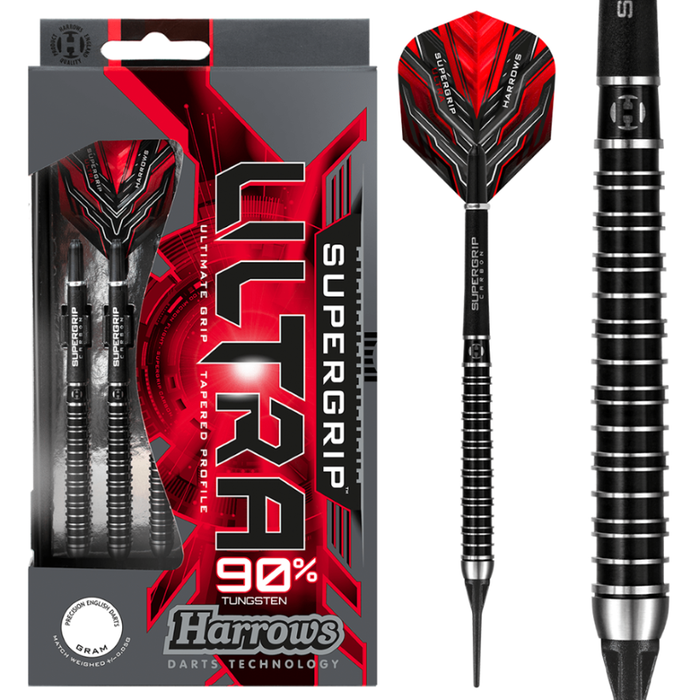Harrows SUPERGRIP ULTRA 90% wolfraam dartset met zachte tip. Verkrijgbaar in 18 g, 21 g, 22 g - Inclusief Supergrip Carbon Shafts, Supergrip-vluchten en reiskoffer (18G