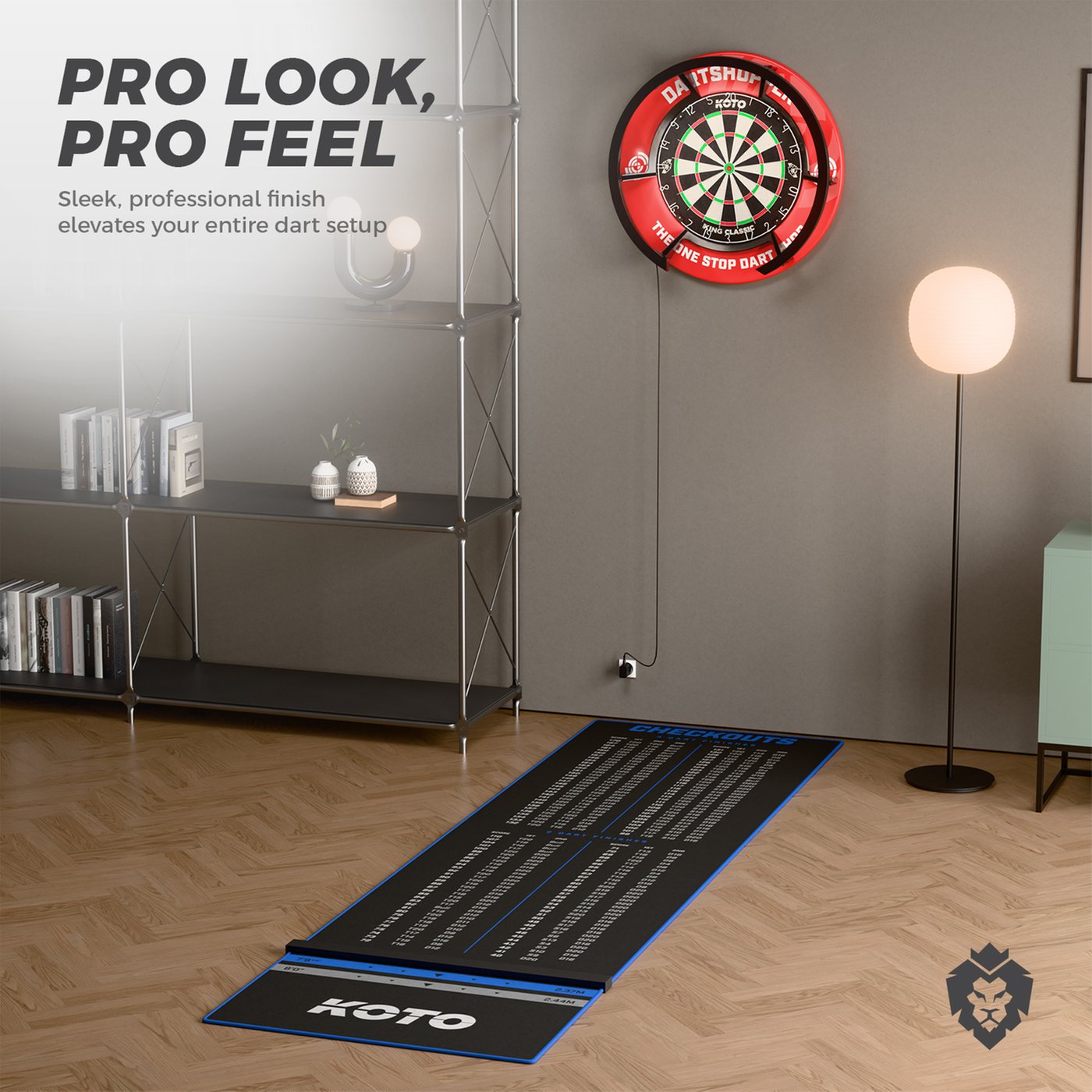 KOTO - Carpet Checkout Black, 285 x 60 cm Incl. Score Indicator, Non-Slip Carpet Dart Mat, Professional Dart Mat, Protect Floor & Darts