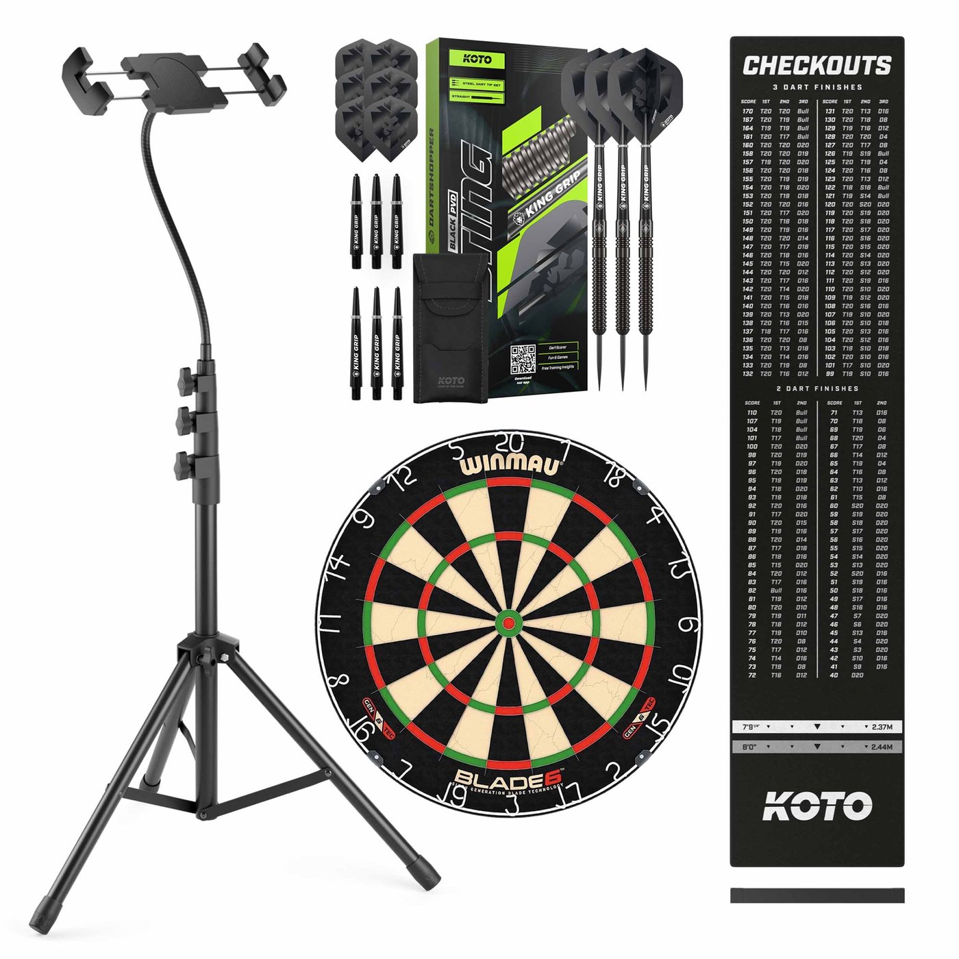 Winmau Blade 6 + KOTO Sting Black Straight Dartpijlen + Dartmat + Telefoon/Tablet Houder - Dartset