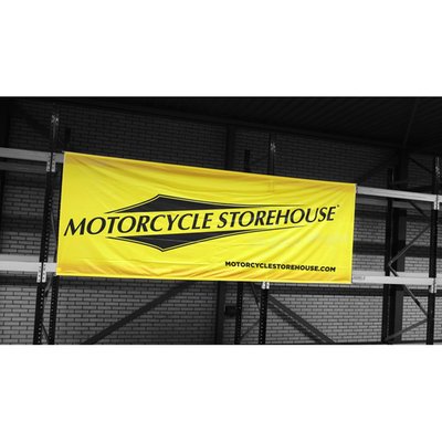 UV resistant; Yellow; Black print; Approx. dimensions: 400cm wide x 150cm high