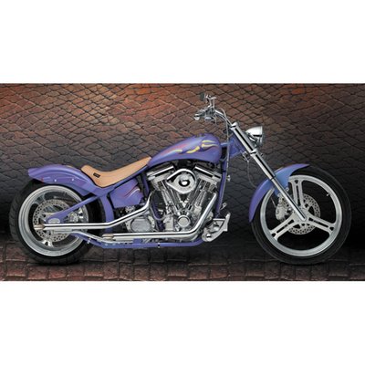 S-pipe. Standard 1 3/4" diameter, slash cut end. Without baffles. Also a good solution to use as head pipes on which mufflers can be mounted. swingarm & rigids, kickstart only, will not fit with large FL battery, slider channels front & rear. Heatshield rear 902806. 
Note: The S-pipe system is a 2-piece front header, like OEM, which is flattened to fit between generator and frame tube for improved ground clearance in right turns. 
Note: Heatshields must be ordered separately when required. When heatshields are not mentioned they are not available.