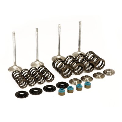 Titanium top collars. Standard size replacement, installs without machining. Kit includes Race Master valves, performance double spring assemblies, steel or titanium top collars and a complete set of Manley's fully machined chromoly valve keys. Race Master valves are manufactured of stainless XH-426 for exhaust and stainless NK-842 for intake and offer great ultimate tensile strength, combining superior quality at a competative price. Okay for stock or racing upto 8000 RPM.