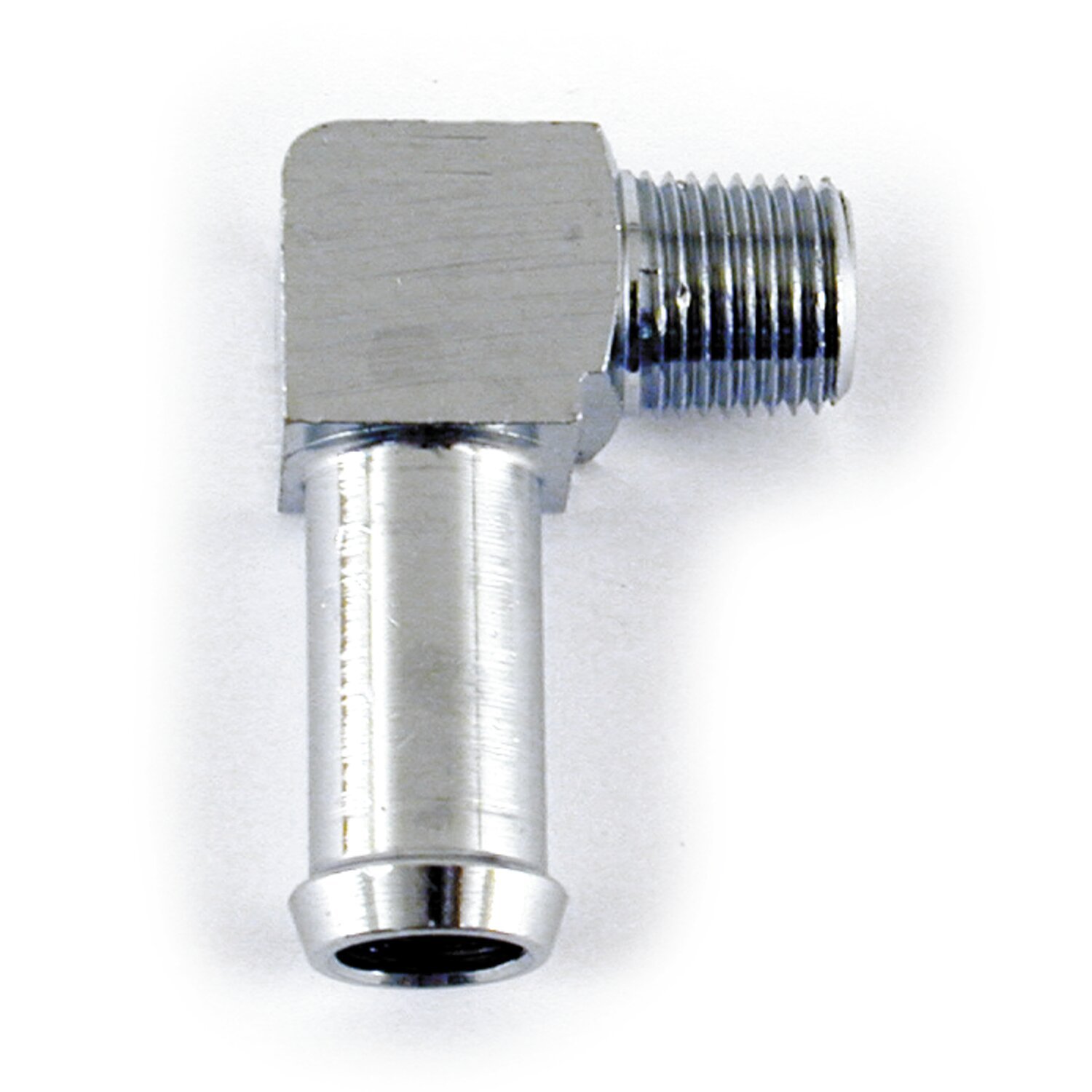 Oil line fitting, 90 degree. 1/8"-27 NPT to 3/8, chrome