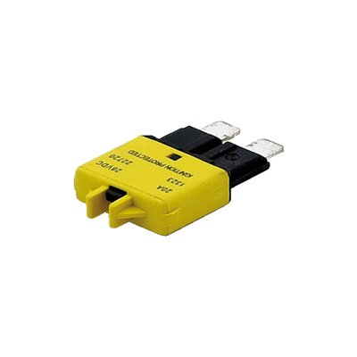 Special 'blade style' circuit breaker with a manual re-set. Fits ATC/ATO fuse holders. This is a special ATC style version of the early OEM H-D style automatic resetting circuit breakers. Can be used as OEM style replacement for some OEM H-D applications where automatic-reset blade style circuit breakers are used. Will also work in most custom applications that run ATC style fuses.