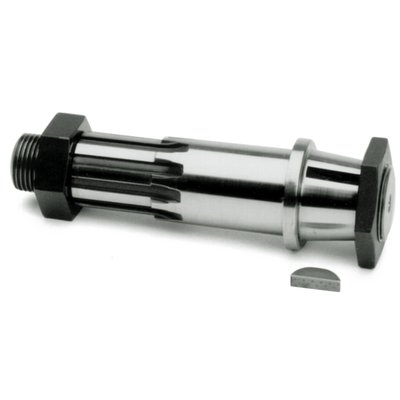Kit includes:
*Flywheel side nut (MCS 978257 / 24017-80).
*Motor sprocket nut (MCS 517999/24003-55).
*Woodruff key (MCS 517960, Repl. 23985-56).
Sprocket shaft has aftermarket 6° taper with keyway. Fits L81-85 OEM (which has no without keyway, repl. OEM 23909-80) and 70-99 aftermarket B.T. flywheels (with keyway). Shaft is 4.262" long from bearing shoulder to end of smalll thread.
JIMS shafts are precision machined in Camarillo, California from a special order steel. Each and every part is thoroughly inspected and after heat treating all threads go through a special process to make them withstand greater torque stress. All shafts are ground to a 16 micron finish or better, unless specified otherwise. All ground diameters are concentric to well within .0003", making truing and rebuilding quicker and with less effort.
