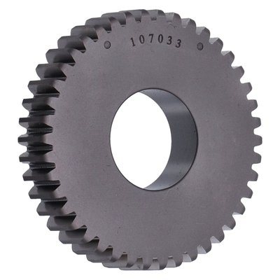 Green, stock size. Crimp-on installation on the camshaft. Used to correct backlash (free play) between the cam gear (on the cam) and the pinion gear (the smaller drive gear). Too much backlash will result in clicking, not enough backlash will result in a 'whining' sound. To correct backlash you can either use smaller or larger pinion gears or smaller or larger Andrews cam gears. 

Note: See 503768 (.108") and 503769 (.105") cam gauge pins to measure cam gears and pinion gears. 
Note: To determin if you need a 70-E77 or a L77-84 model Shovel cam gear? Measure the outer diameter of the cam gear on the camshaft that is to be replaced. The 70-E77 cam will measure approx. 70mm. The L77-84 cam will measure approx. 69mm.