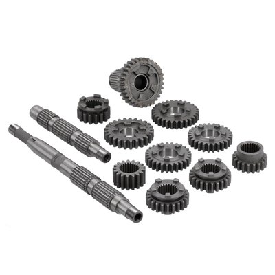 Replacement gears & shafts for rear belt drive models. Kit includes all 1st, 2nd, 3rd., 4th., 5th. counter & main gears and both main and countershaft. Stock replacement gears with stock gear ratios. High quality nickel alloy steel, heat treated & shot peened. Lead-in ramps are used, where applicable, to improve shifting and reduce wear on drive dogs and slots.