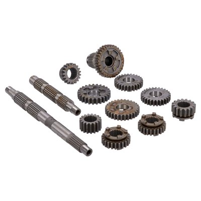Kit includes all 1st, 2nd, 3rd., 4th., 5th. counter & main gears and both main and countershaft. Stock replacement gears with stock gear ratios. High quality nickel alloy steel, heat treated & shot peened. Lead-in ramps are used, where applicable, to improve shifting and reduce wear on drive dogs and slots.