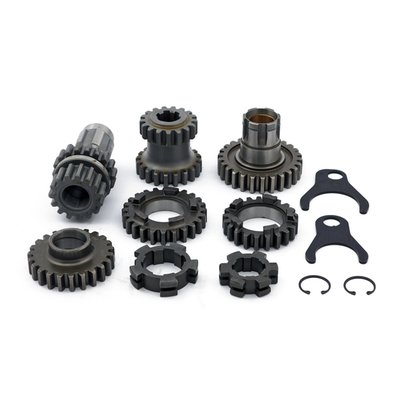2.44 1st., 1.35 3rd.
Kits include 6 gears, 2 shifter clutches and 2 forks. High quality nikkel alloy steel, heat treated and shot peened. 2.44/1.1.23 ratio are usually best suited for lighter bikes (lower RPM at higher speed), 2.60/1.35 ratio gives a better pull at the traffic light for heavier bikes as Electras (higher RPM at lower speed). Additional items may be required and purchased separately.
Note: A lower gear ratio number gives a lower RPM. Knowing this you can pick the gear combination that suits your needs best.