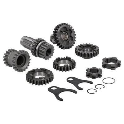 2.60 1st., 1.35 3rd. gear ratio.
Kits include 6 gears, 2 shifter clutches and 2 forks. High quality nikkel alloy steel, heat treated and shot peened. 2.44/1.1.23 ratio are usually best suited for lighter bikes (lower RPM at higher speed), 2.60/1.35 ratio gives a better pull at the traffic light for heavier bikes as Electras (higher RPM at lower speed). Additional items may be required and purchased separately.
Note: A lower gear ratio number gives a lower RPM. Knowing this you can pick the gear combination that suits your needs best.
