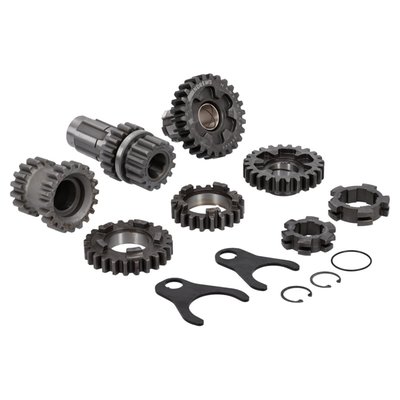 2.60 1st., 1.23 3rd. gear ratio.
Kits include 6 gears, 2 shifter clutches and 2 forks. High quality nikkel alloy steel, heat treated and shot peened. 2.44/1.1.23 ratio are usually best suited for lighter bikes (lower RPM at higher speed), 2.60/1.35 ratio gives a better pull at the traffic light for heavier bikes as Electras (higher RPM at lower speed). Additional items may be required and purchased separately.
Note: A lower gear ratio number gives a lower RPM. Knowing this you can pick the gear combination that suits your needs best.