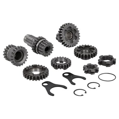 2.60 1st., 1.35 3rd. gear ratio.
Kits include 6 gears, 2 shifter clutches and 2 forks. High quality nikkel alloy steel, heat treated and shot peened. 2.44/1.1.23 ratio are usually best suited for lighter bikes (lower RPM at higher speed), 2.60/1.35 ratio gives a better pull at the traffic light for heavier bikes as Electras (higher RPM at lower speed). Additional items may be required and purchased separately.
Note: A lower gear ratio number gives a lower RPM. Knowing this you can pick the gear combination that suits your needs best.