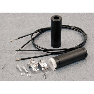 A fine quality, smooth operating, universal throttle assembly. Fits both single and dual cable applications. Complete with 2 universal throttle cables of 48" length to cover most applications. 
Note: The lower clamp will not take OEM H-D cables. See 505026 when you want to use OEM H-D style 81-95 dual throttle cables. These have other threads and require this 505026 'conversion' lower clamp. 
Note: See 505012 for 48" universal replacement cables only for 505011.