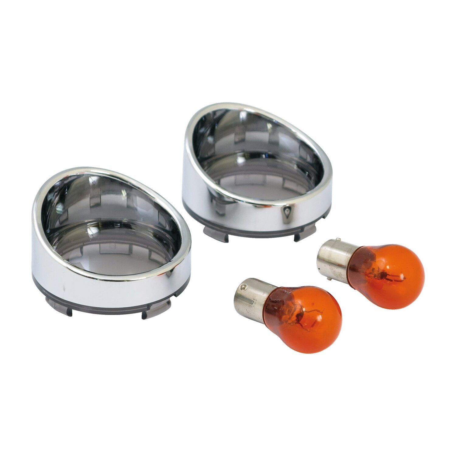 Turn signal lens set with visor. Light smoke lens amber bulb, Gray, Chrome