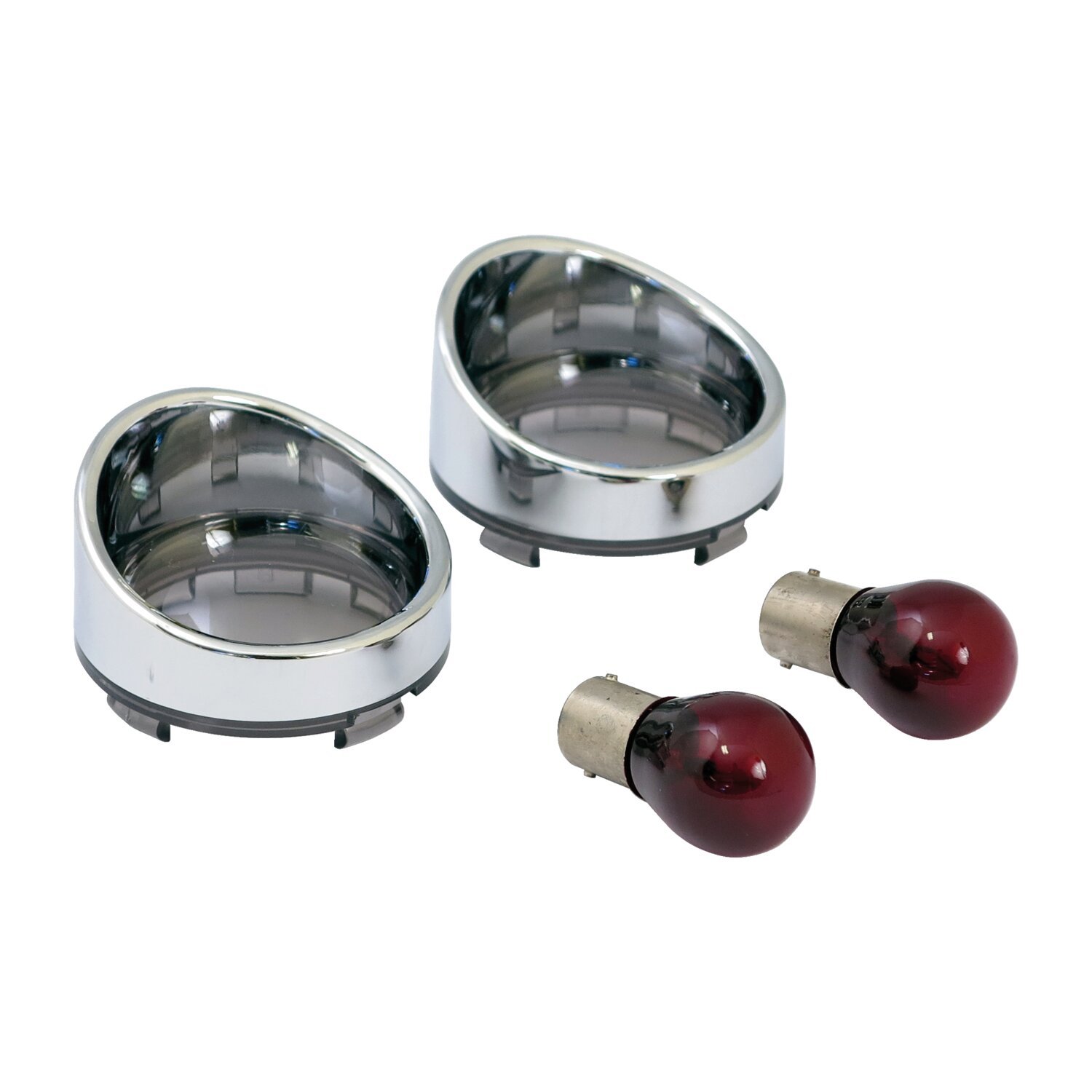 Turn signal lens set with visor. Light smoke lens, red bulb, Gray, Chrome