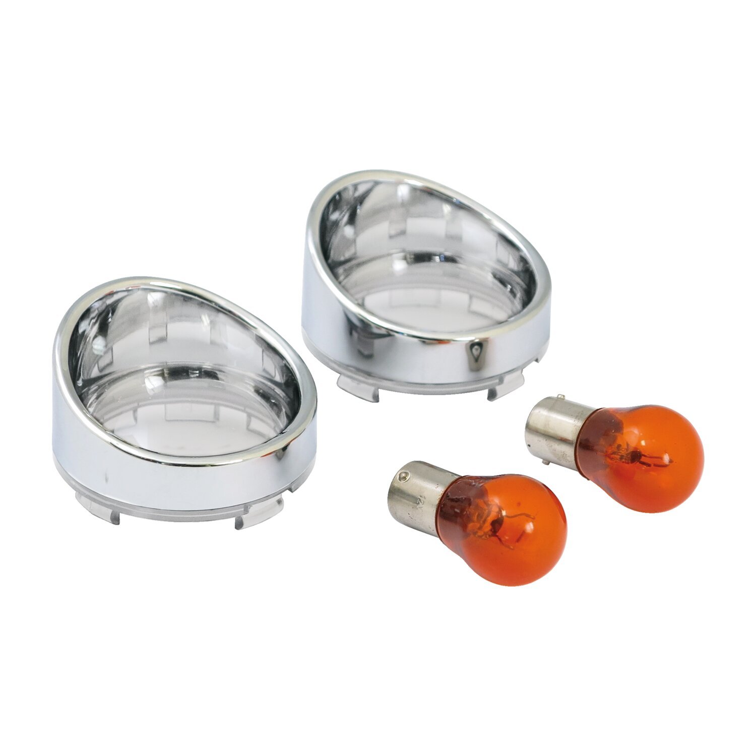 Turn signal lens set with visor. Clear lens, amber bulb, White, Chrome