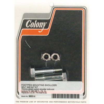 Chrome plated steel Custom Domed shoulder bolt and nut kit. 
Used to mount rider and passenger pegs. 