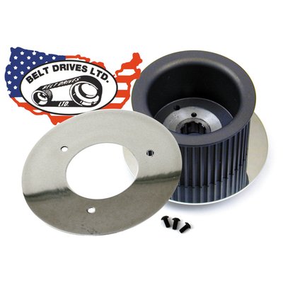 Polished aluminum. Fits behind the front belt pully. Used with open belt drives. Gives the exposed alternator rotor a fresh, clean and finished look.
