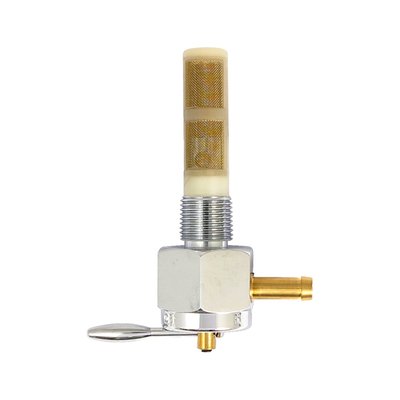 Chrome; right outlet; for 1/4" (6.4mm) fuel hose; with filter & reserve; 3/8 NPT threaded. 
Why not have a custom petcock that looks like a million bucks? The Monster-Show is a high quality with a show compatible design. Comes with filter & reserve. The easy to operate fuel selector lever is equipped with a subtle 'click-feel' for positive placement of the lever from off to on or reserve. Fits stock fuel tanks in combination with standard 1/4" ID fuel hose. 
Note: Bottom side image is shown for an additional visual reference in 'lever' vs 'nipple' location. Left, right & down is referring to fuel nipple direction when looking at the petcock lever in 'off' position.