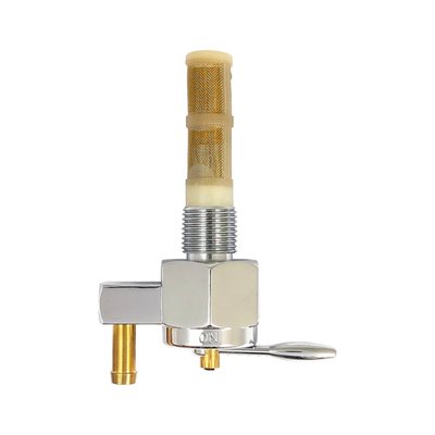 Chrome; down outlet; For 1/4" (6.4mm) fuel hose; with filter & reserve; 3/8 NPT threaded. 
Why not have a custom petcock that looks like a million bucks? The Monster-Show is a high quality with a show compatible design. Comes with filter & reserve. The easy to operate fuel selector lever is equipped with a subtle 'click-feel' for positive placement of the lever from off to on or reserve. Fits stock fuel tanks in combination with standard 1/4" ID fuel hose. 
Note: Bottom side image is shown for an additional visual reference in 'lever' vs 'nipple' location. Left, right & down is referring to fuel nipple direction when looking at the petcock lever in 'off' position.