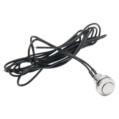 Chrome plated brass. 5/16-24 threaded. Switch head dimensions: 12mm dia. and 4mm thick. High-End push button handlebar switch. Revolutionary small and flat with wiring pre-installed. Maximum current 5 Amp. Includes special curved washer that can be used when switch is to be fitted into handlebars.