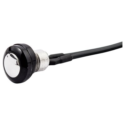 Black stainless switch with a clear polished stainless button. 5/16-24 threaded. Switch head dimensions: 12mm dia. and 4mm thick. High-End push button handlebar switch. Revolutionary small and flat with wiring pre-installed. Maximum current 5 Amp. Includes special curved washer that can be used when switch is to be fitted into handlebars.