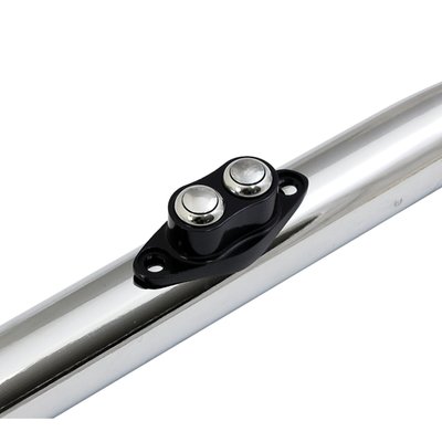 Billet aluminum housing, with two pre-wired stainless momentary push button switches, curved to follow handlebar contours when installed. Can be used as horn, starter or turn signal switch. Mounts directly to the handlebar. Offers a perfect seamless fit on 1" diameter bars and will show a little 'air gap' on the smaller 7/8" (22mm) bars, an aesthetics issue if anything. Approx. dimensions: Body 21.2mm high x 51mm wide. Switch head, without bezel Ø 11.9mm, switch head with bezel approx. Ø  17.5mm, switch knob housing Ø 7.9mm with 5/16"-24 threads.