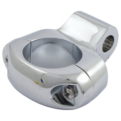 Comes with a 5/16" (7.94mm), non threaded, mounting hole. Handy little die-cast aluminum clamp that lets you mount all types 65-up H-D style mirrors to any 1" handlebar. Also usable for turn signals, instruments etc.