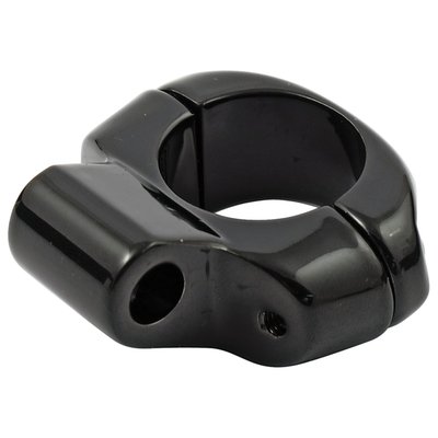 Comes with a 5/16" (7.94mm), non threaded, mounting hole. Handy little die-cast aluminum clamp that lets you mount all types 65-up H-D style mirrors to any 1" handlebar. Also usable for turn signals, instruments etc.