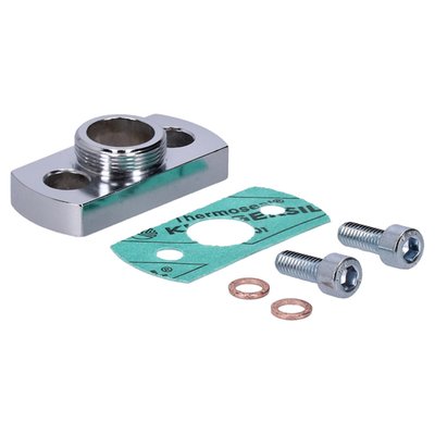 Chromed brass. 34mm wide. 
Lets you install a Pingel or OEM style petcock with the 75-up style 22mm nut. Two mounting holes and comes complete with gasket, 6mm screws, copper sealing washers and hyglomar sealer. Chrome plated brass construction. Great for building or modifying tanks. The adapter plates with extra outlet can be used as a return inlet for turbo engines or an outlet for a crossover application for dual tanks.