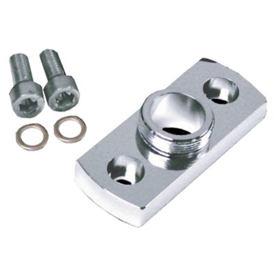 Chromed brass. 44mm wide. 
Lets you install a Pingel or OEM style petcock with the 75-up style 22mm nut. Two mounting holes and comes complete with gasket, 6mm screws, copper sealing washers and hyglomar sealer. Chrome plated brass construction. Great for building or modifying tanks. The adapter plates with extra outlet can be used as a return inlet for turbo engines or an outlet for a crossover application for dual tanks.