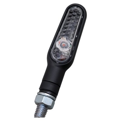 - Black body
- Clear lens
- Miniature LED turn signals, with ECE approved lens
- M8 thread
- Dimensions approx. 72mm long x 20mm wide x 16mm deep